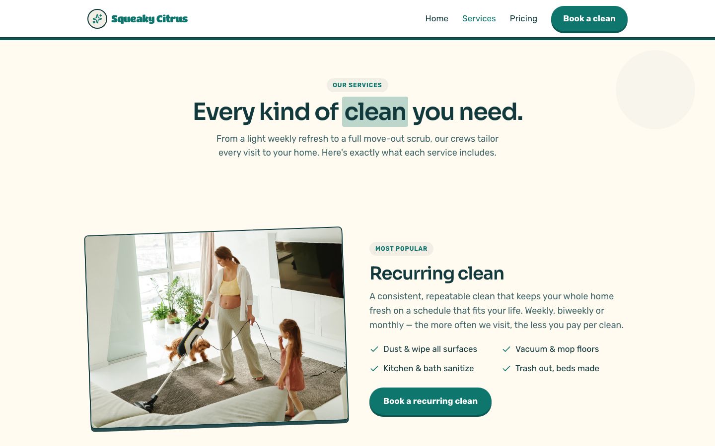 Cleaning Service Website Template — services page screenshot