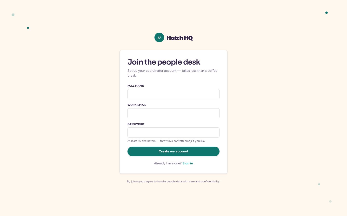 HR Dashboard Template — signup page screenshot