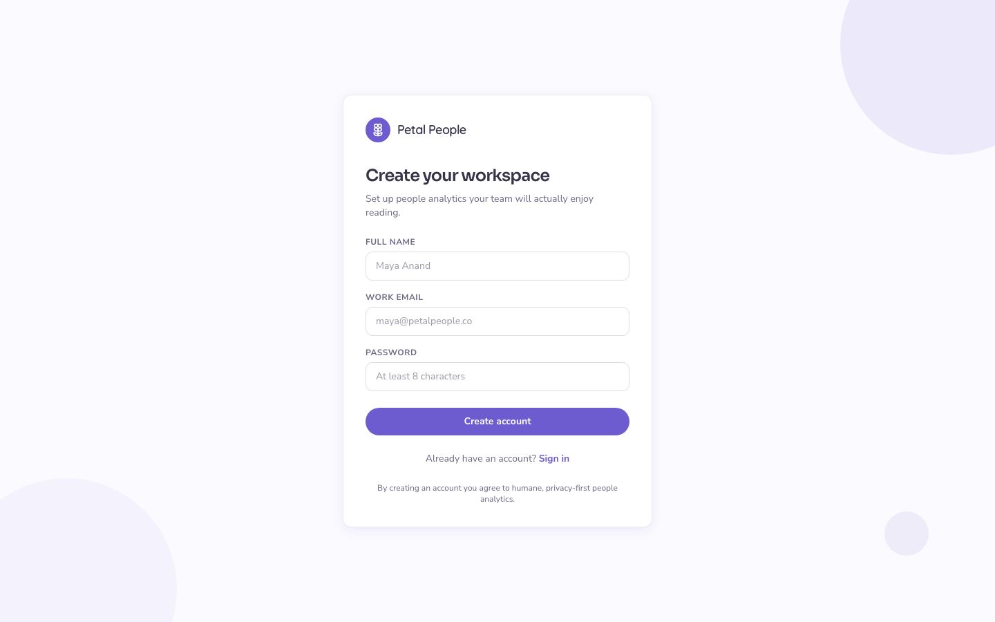 People Analytics Dashboard Template — signup page screenshot