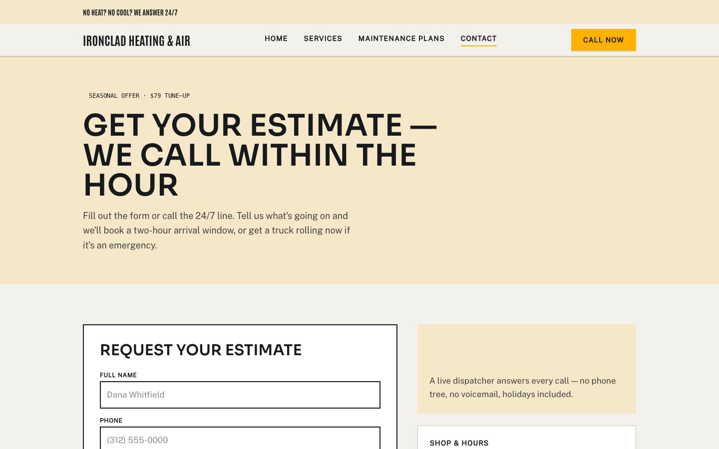 HVAC Website Template — contact page screenshot