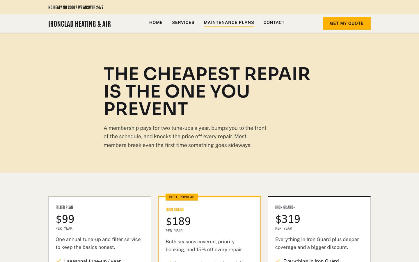 HVAC Website Template — maintenance plans page screenshot