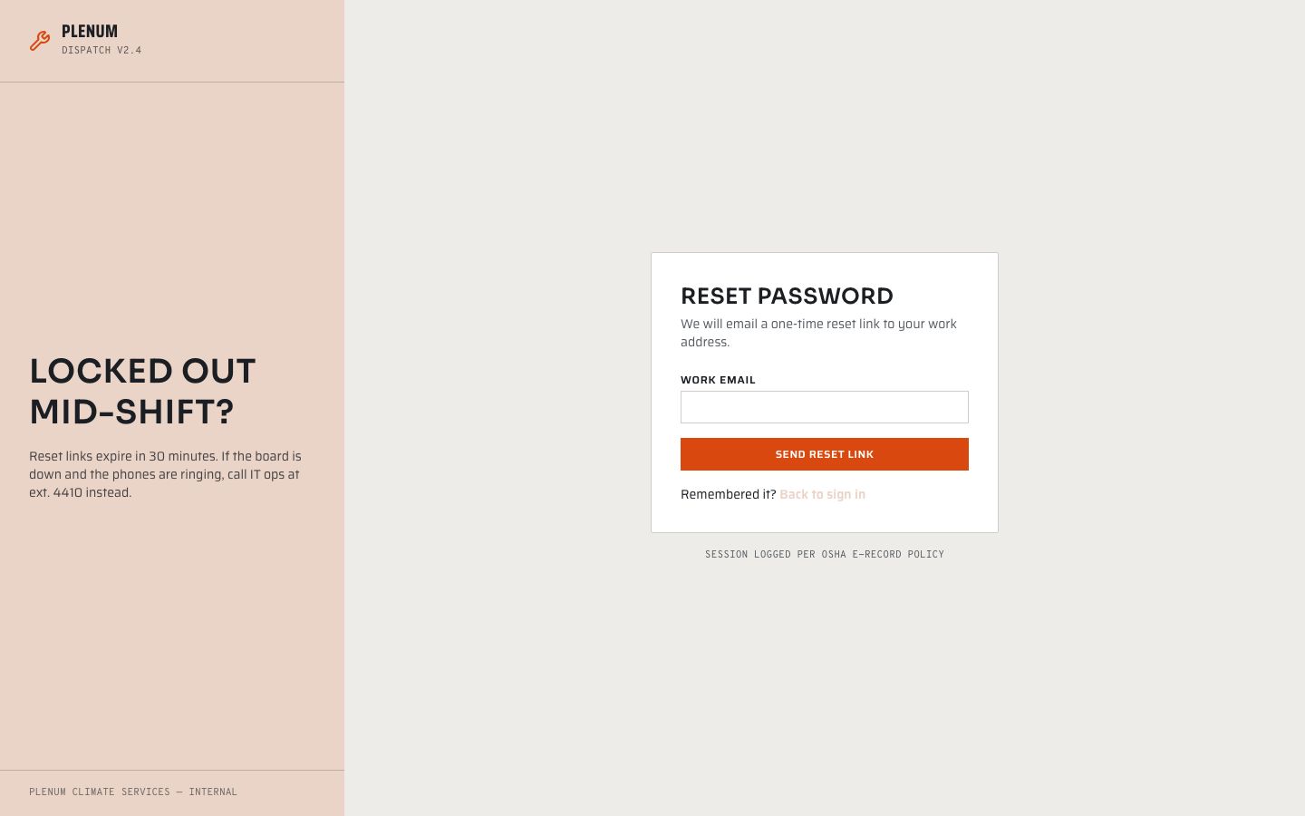 HVAC Dispatch Software Template — forgot password page screenshot