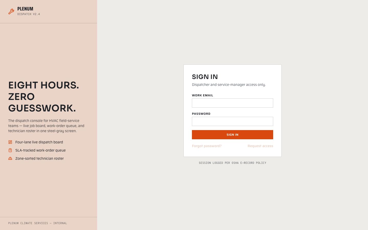 HVAC Dispatch Software Template — login page screenshot