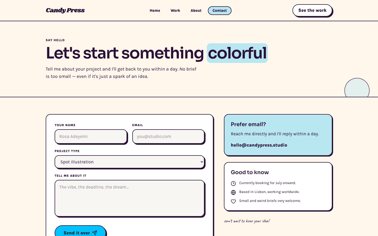 Illustrator Portfolio Template — contact page screenshot