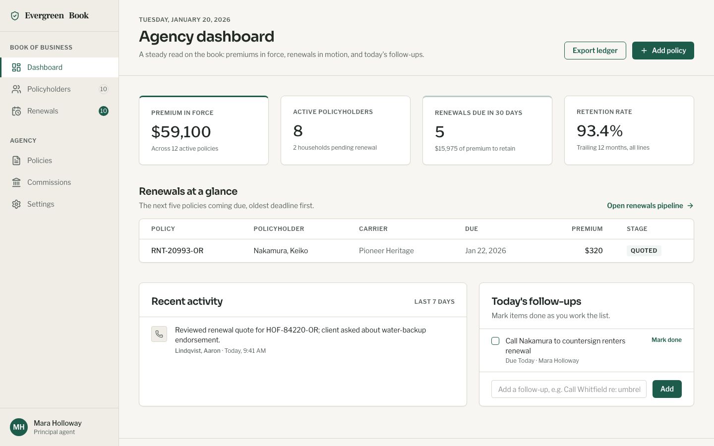 Insurance CRM Template — home page screenshot
