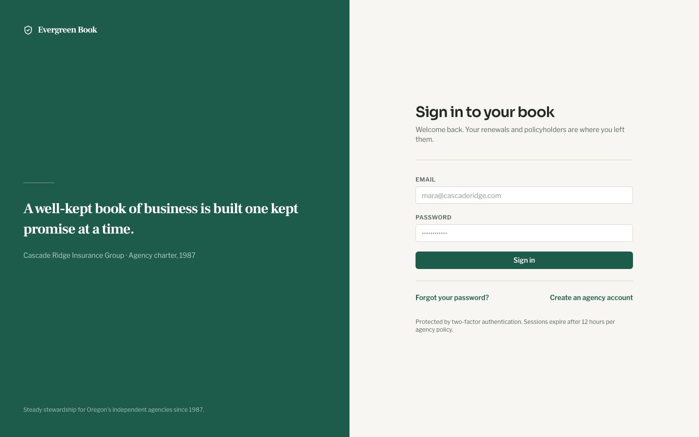 Insurance CRM Template — login page screenshot