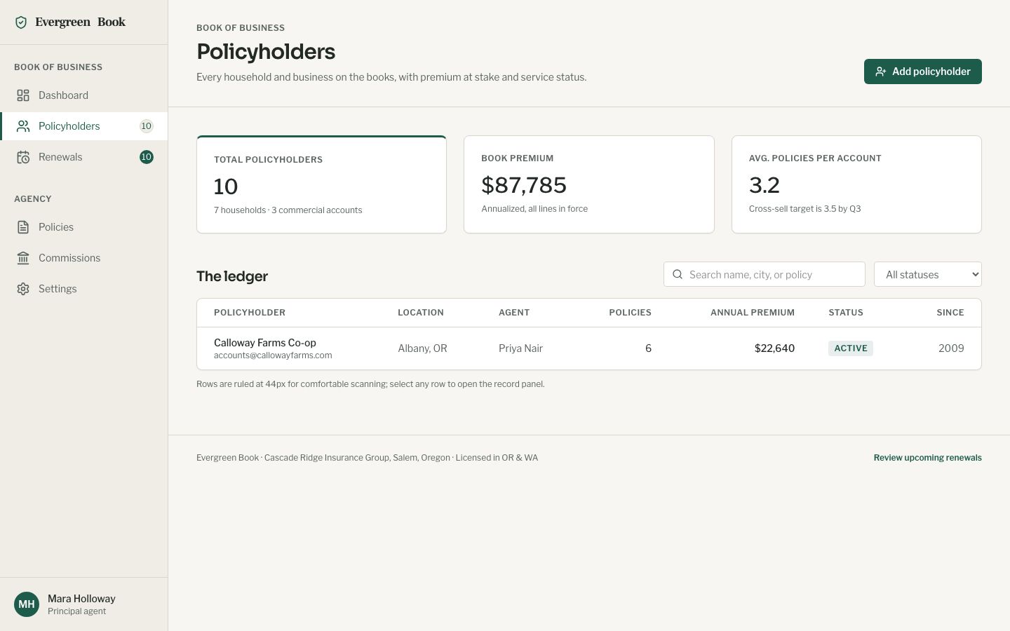 Insurance CRM Template — policyholders page screenshot