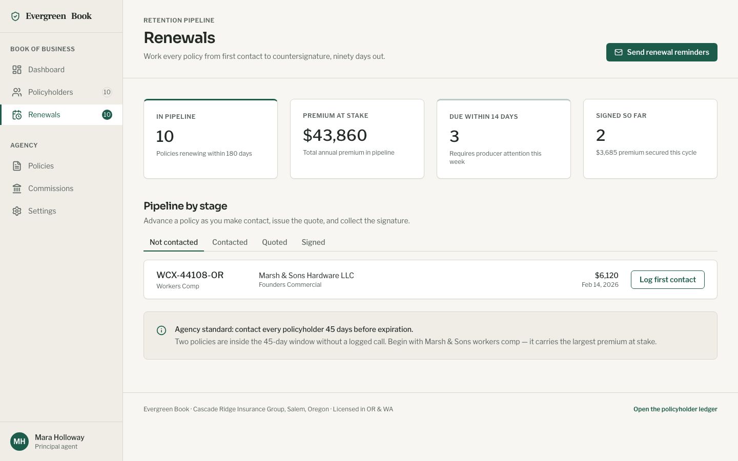 Insurance CRM Template — renewals page screenshot