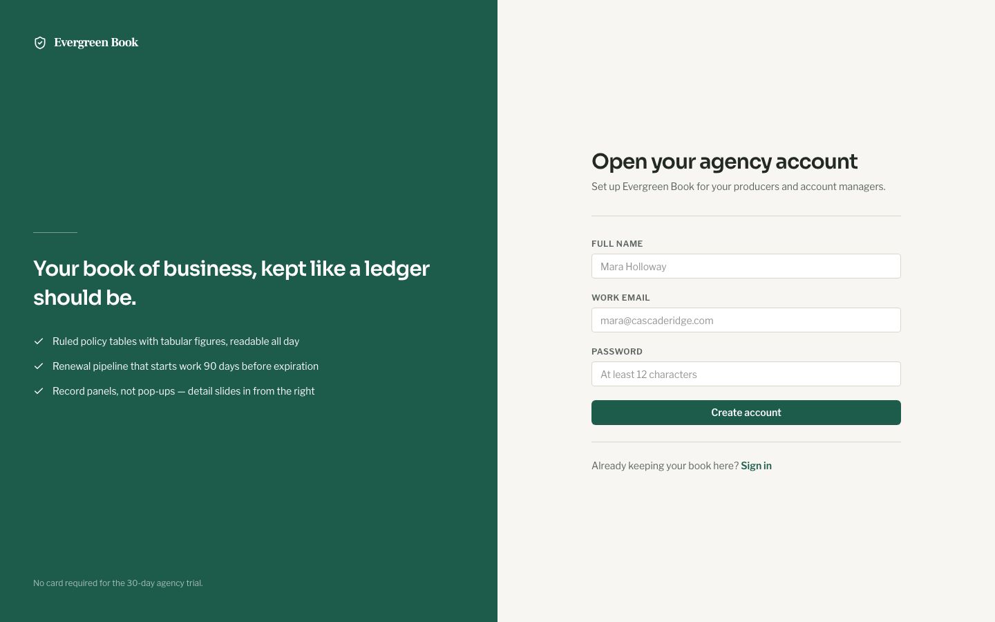 Insurance CRM Template — signup page screenshot