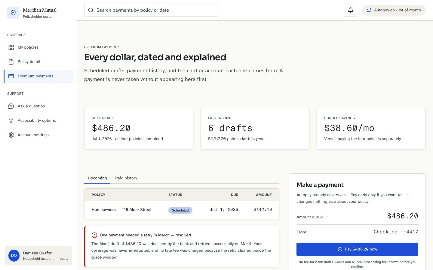 Insurance App UI Template — payments page screenshot