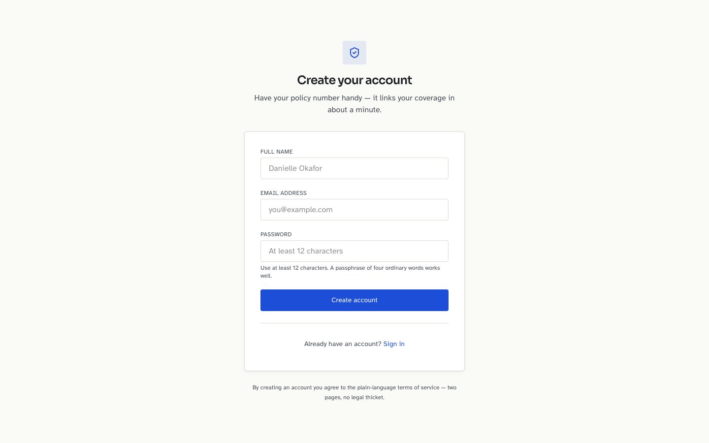 Insurance App UI Template — signup page screenshot