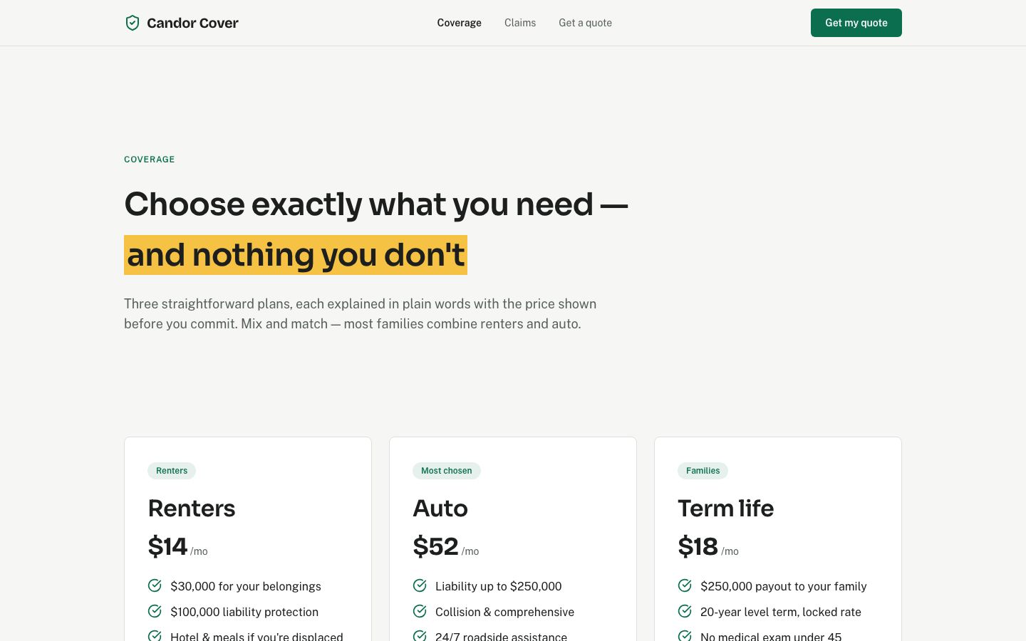 Insurance Website Template — coverage page screenshot