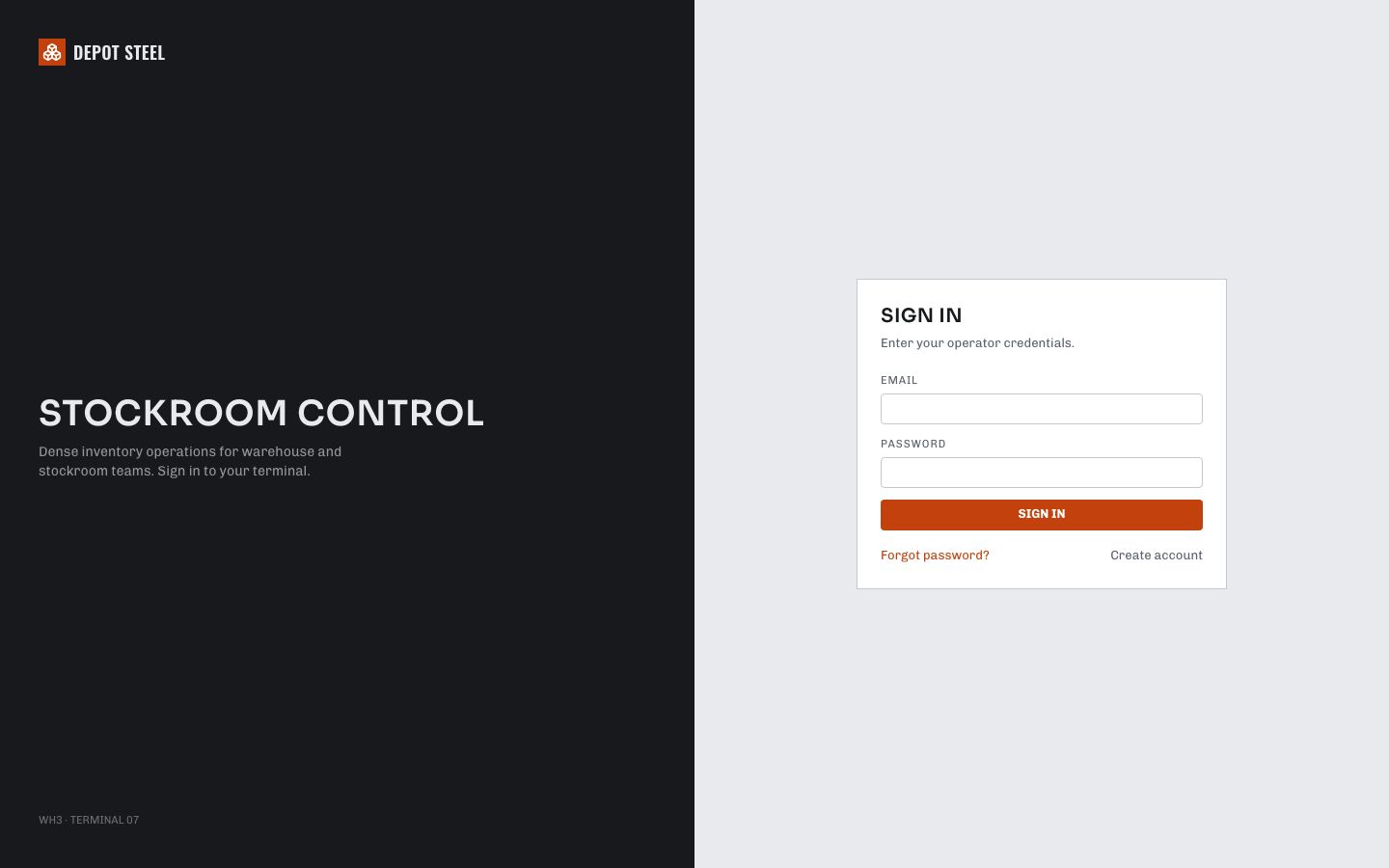 Inventory Management Dashboard Template — login page screenshot