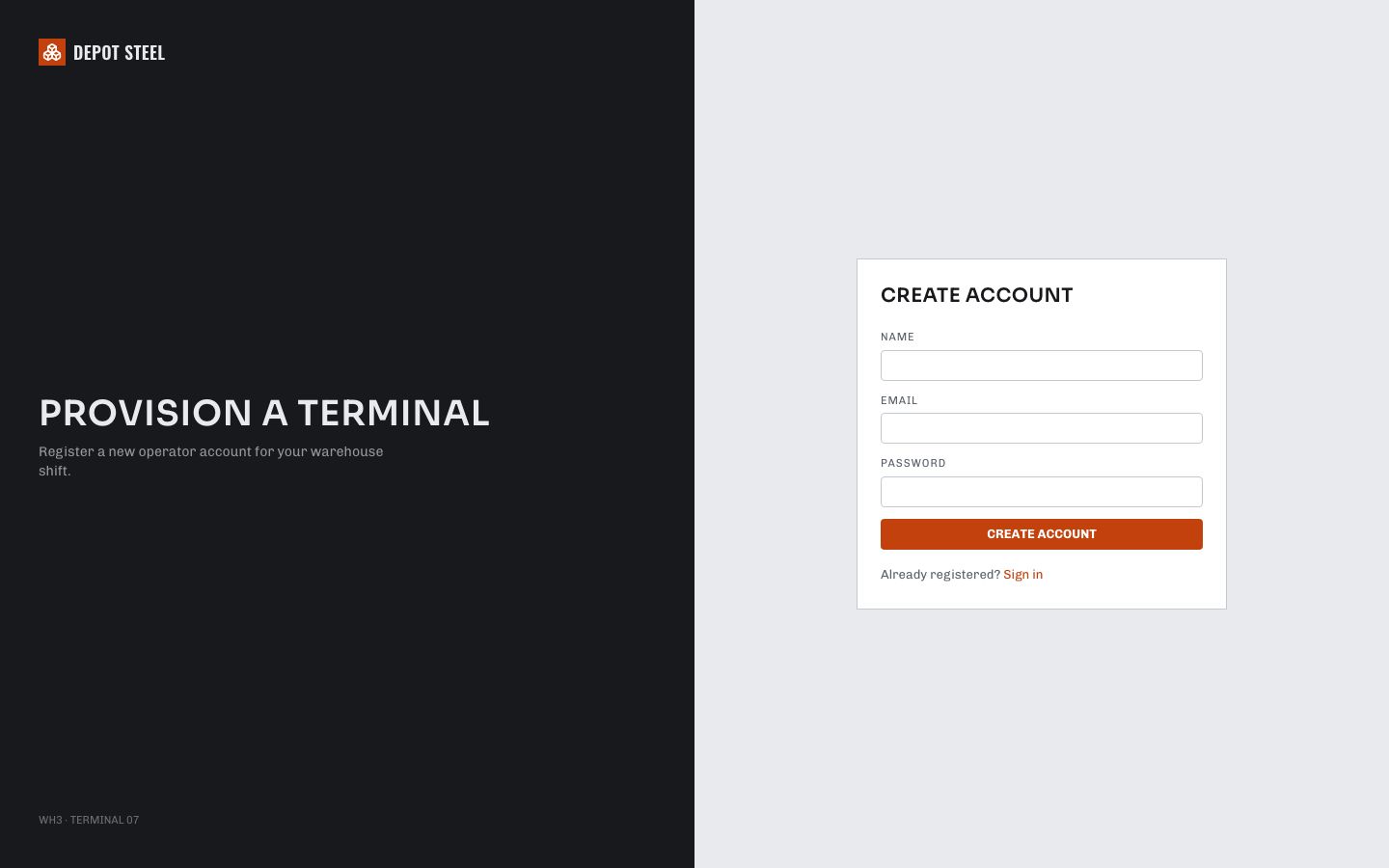 Inventory Management Dashboard Template — signup page screenshot