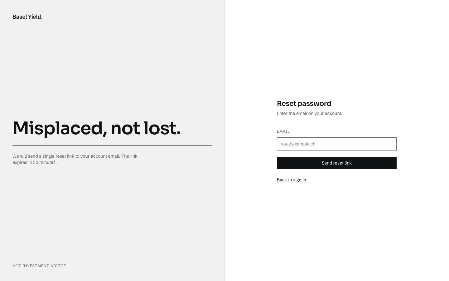 Investment Dashboard Template — forgot password page screenshot