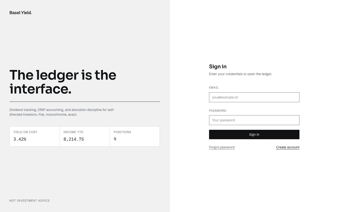 Investment Dashboard Template — login page screenshot