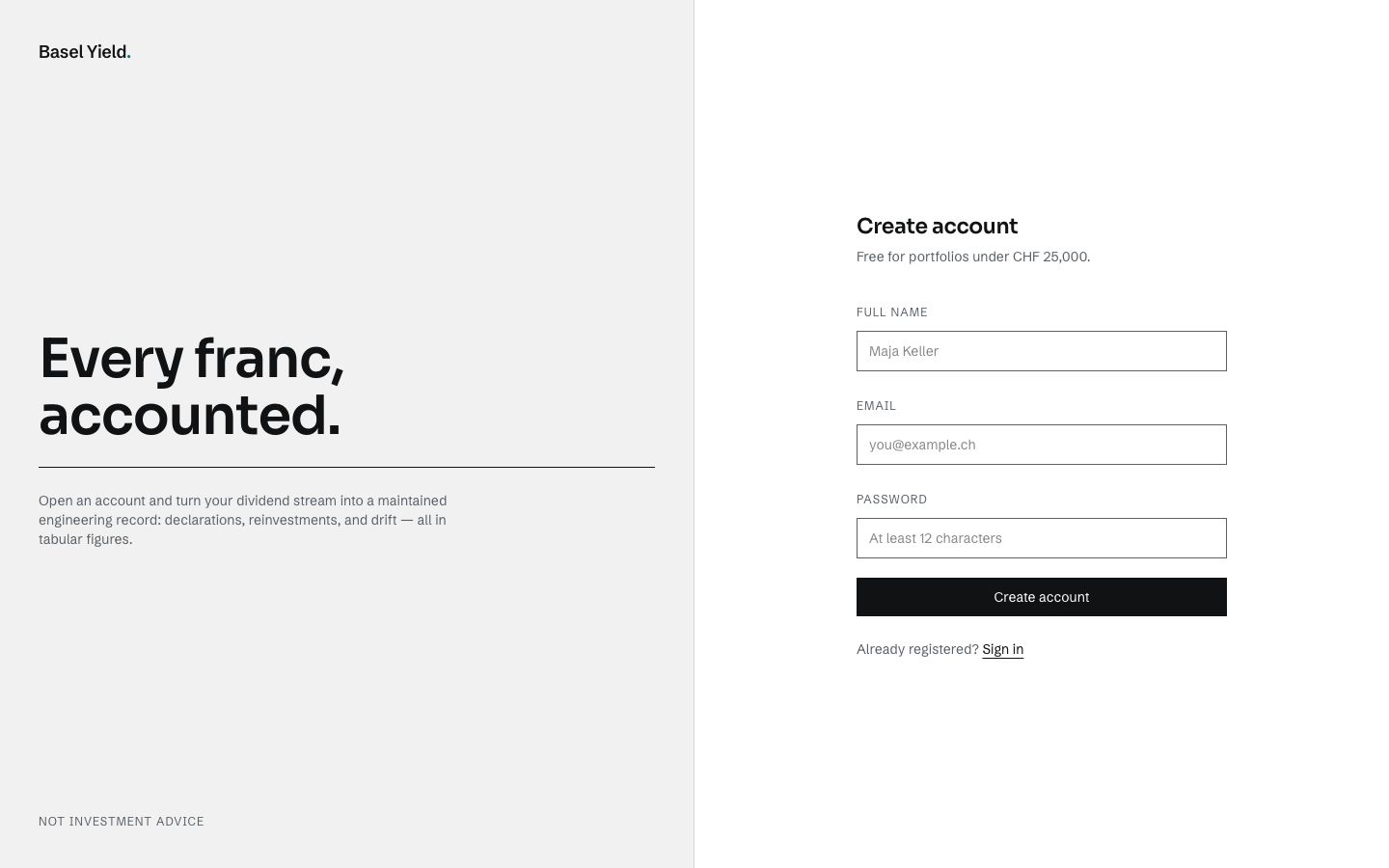 Investment Dashboard Template — signup page screenshot