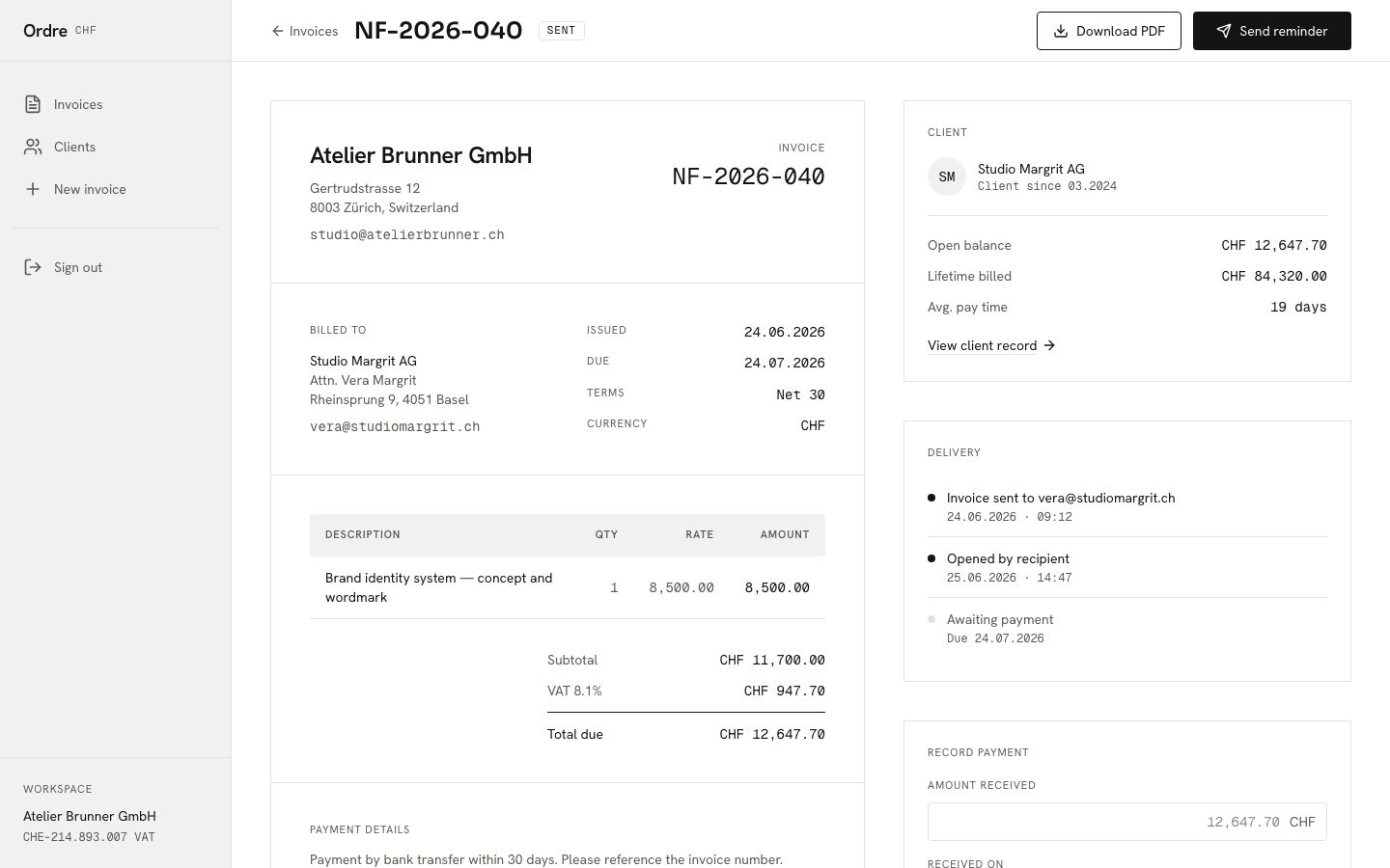 Invoicing App Template — invoice page screenshot