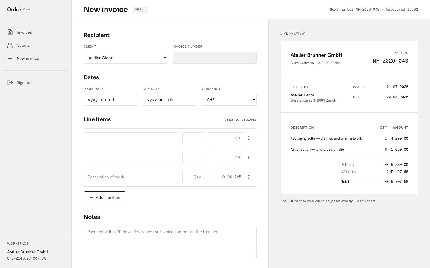 Invoicing App Template — new invoice page screenshot