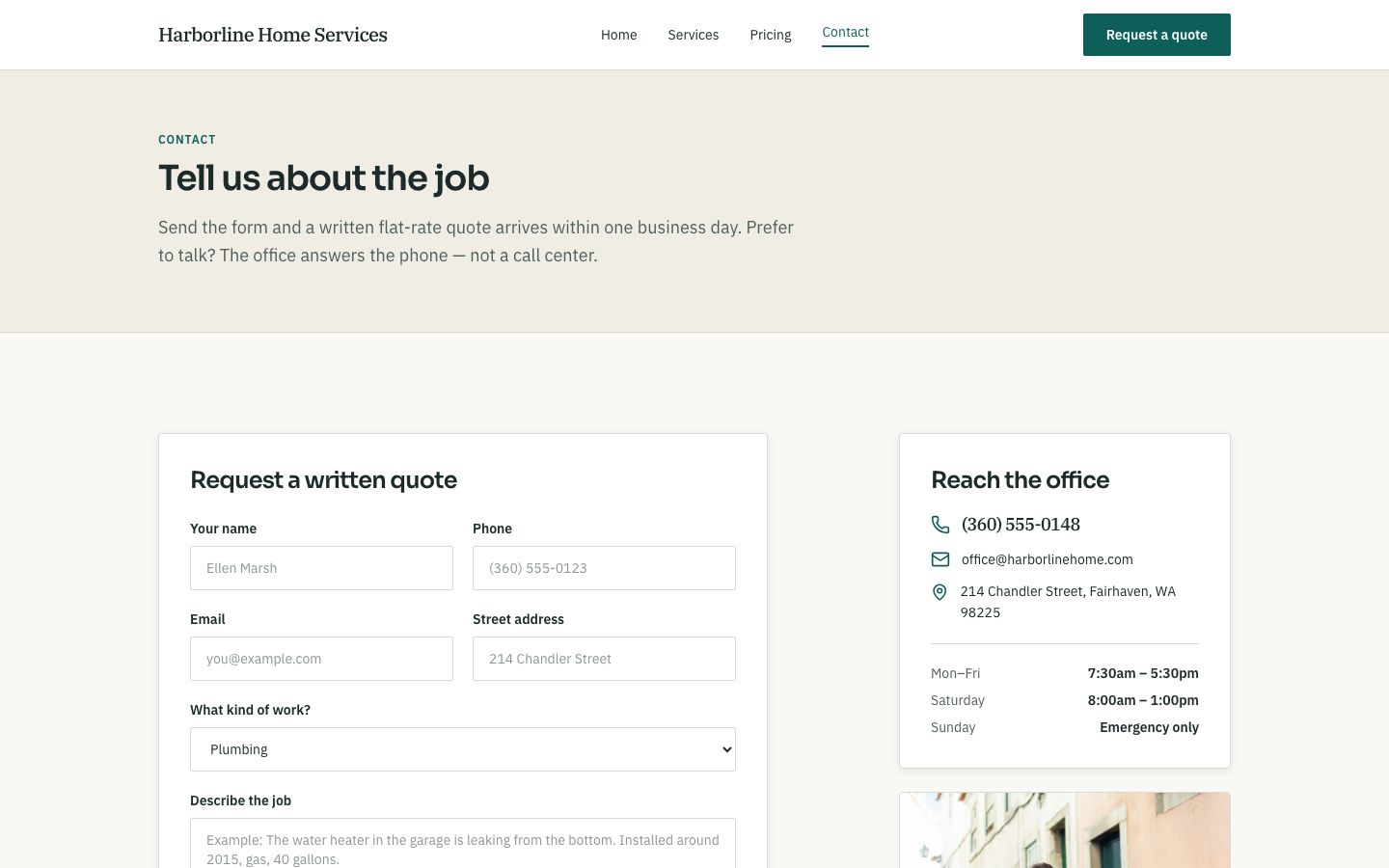 Home Services Website Template — contact page screenshot