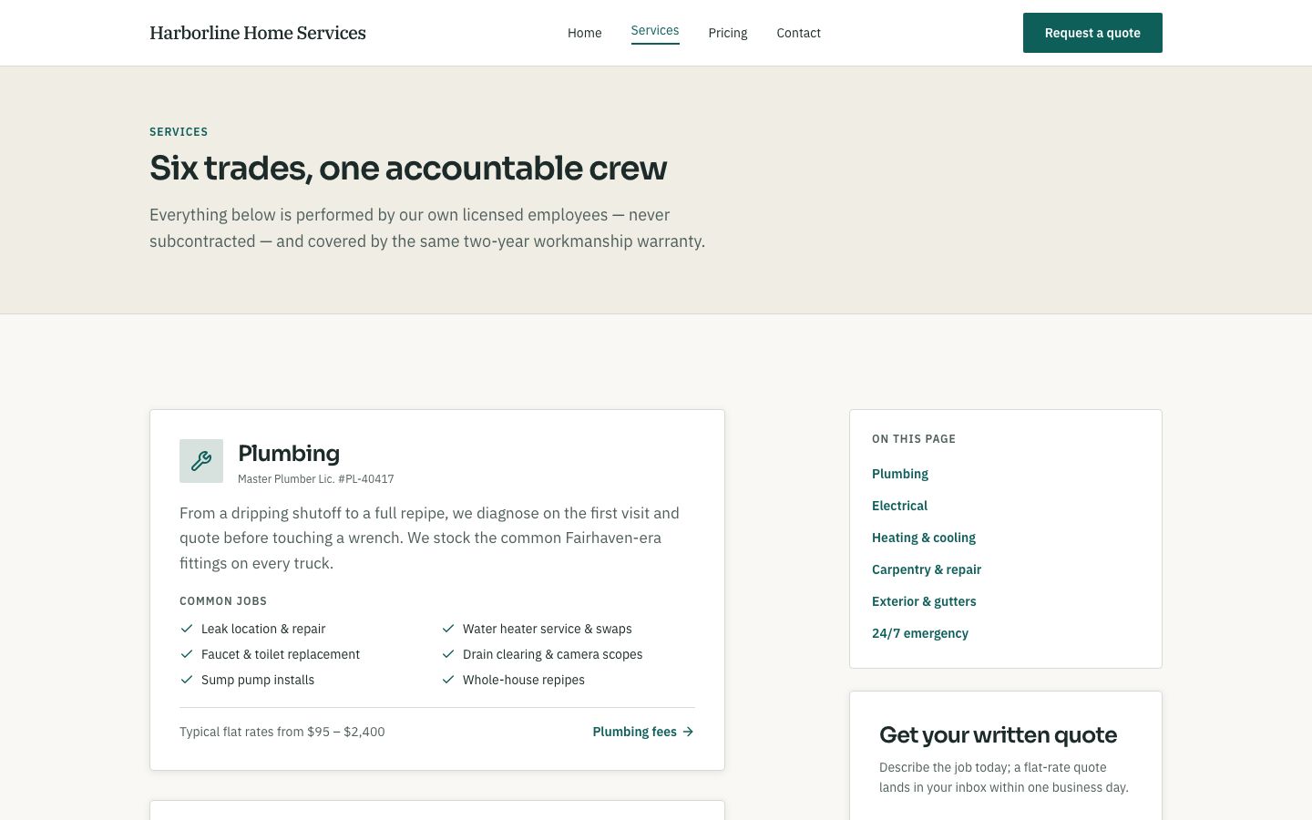 Home Services Website Template — services page screenshot