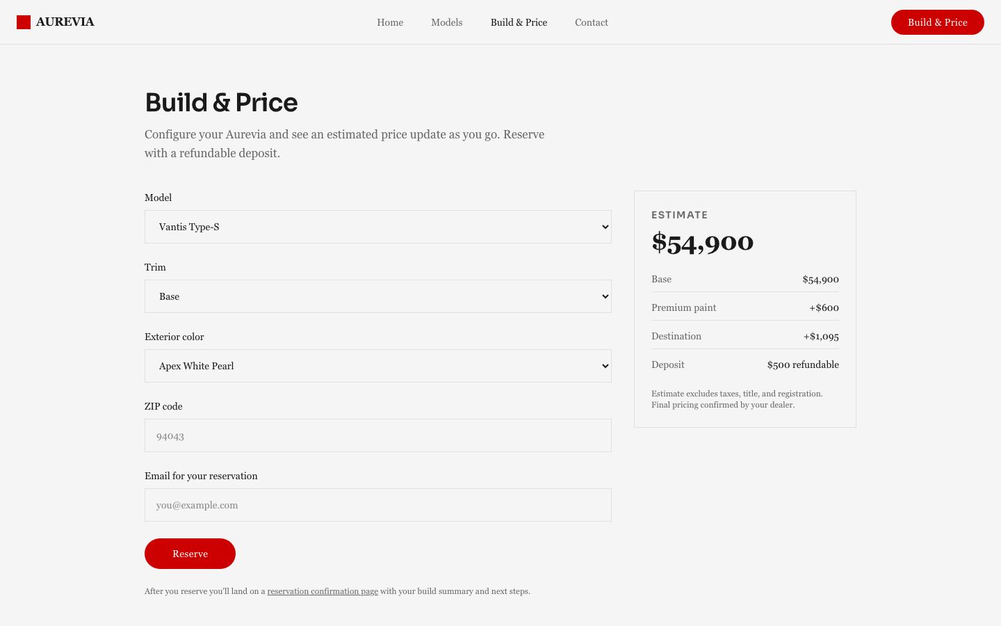 Luxury Automotive — build & price page screenshot