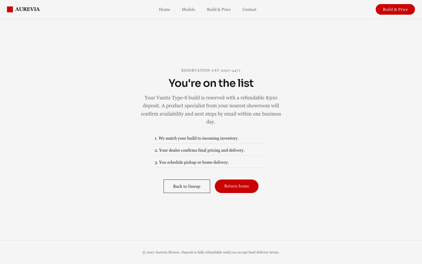 Luxury Automotive — reservation received page screenshot