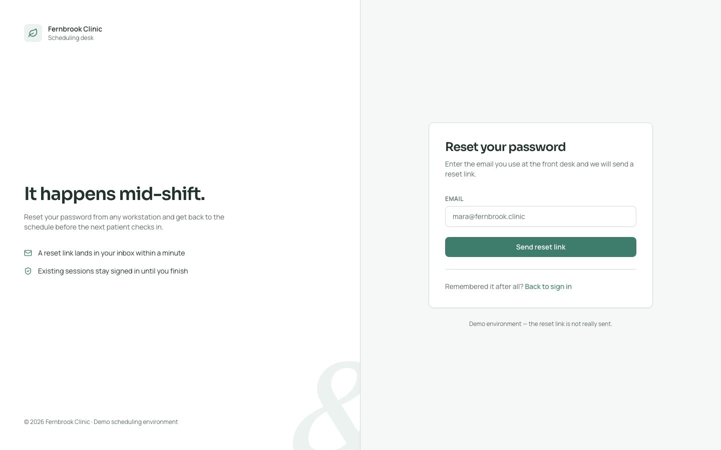 Medical Appointment Scheduler Template — forgot password page screenshot