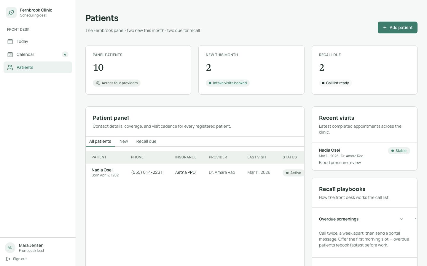 Medical Appointment Scheduler Template — patients page screenshot