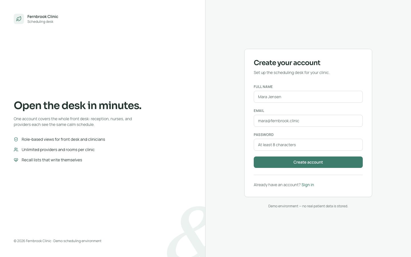 Medical Appointment Scheduler Template — signup page screenshot