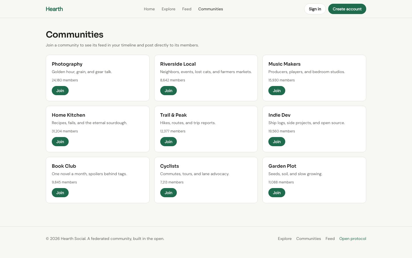 Modern Social And Community — communities page screenshot