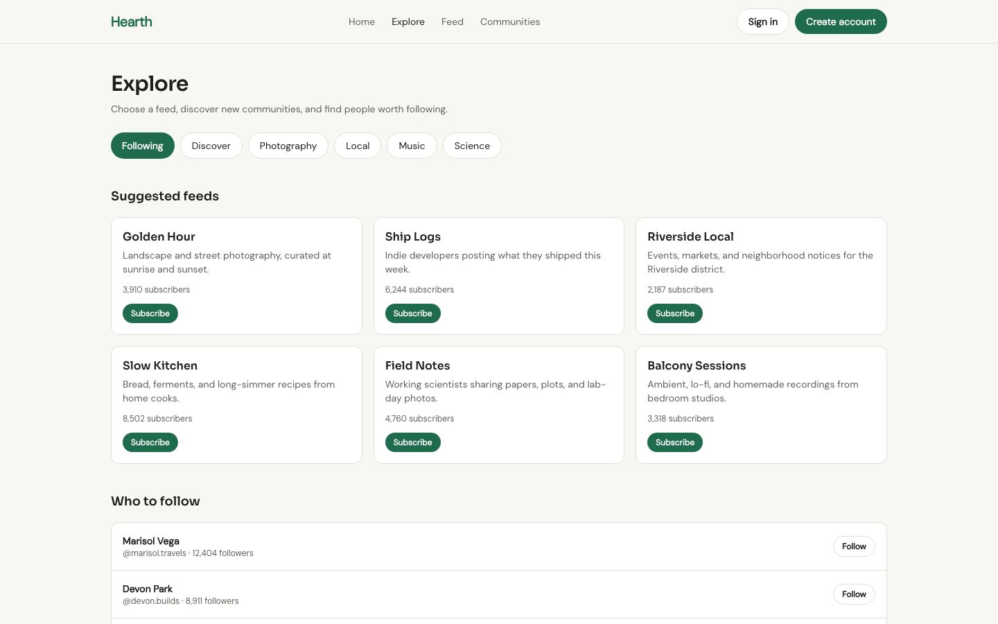 Modern Social And Community — explore page screenshot