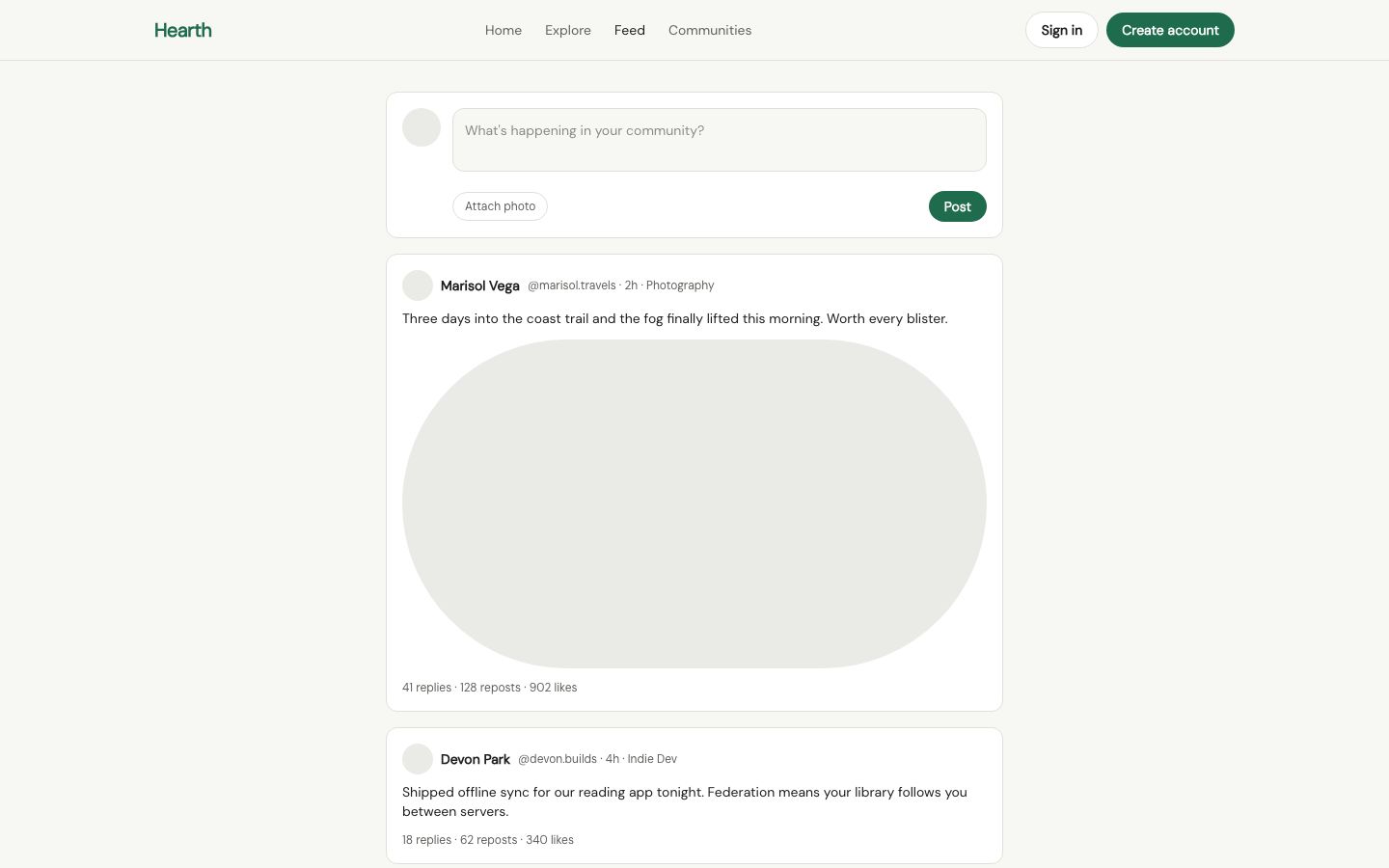 Modern Social And Community — feed page screenshot