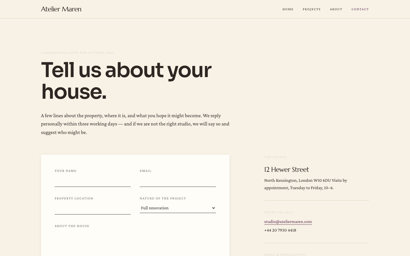 Interior Design Portfolio Template — contact page screenshot