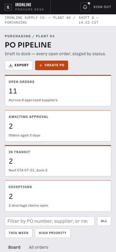Purchase Order Management Template — responsive mobile layout