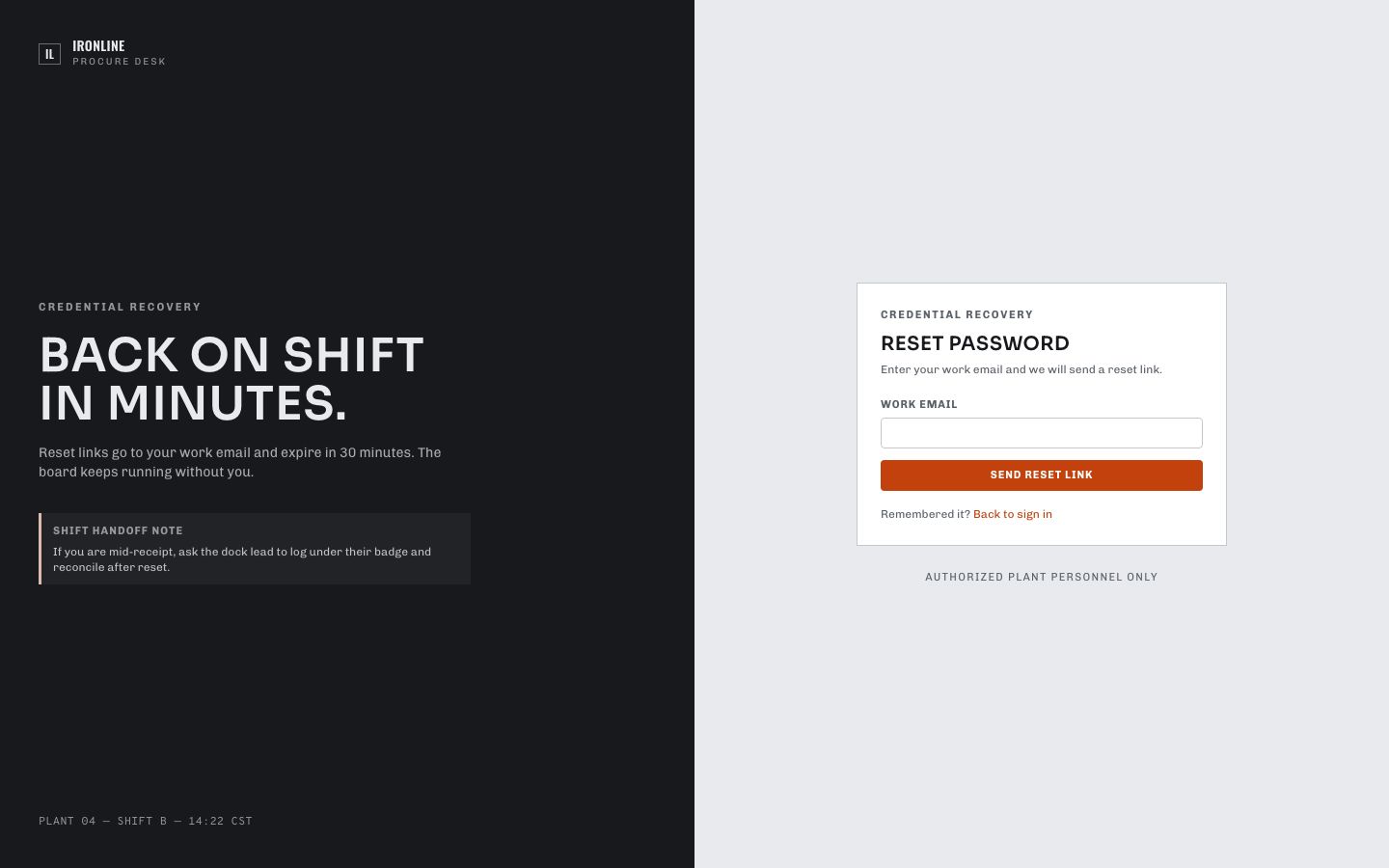 Purchase Order Management Template — forgot password page screenshot