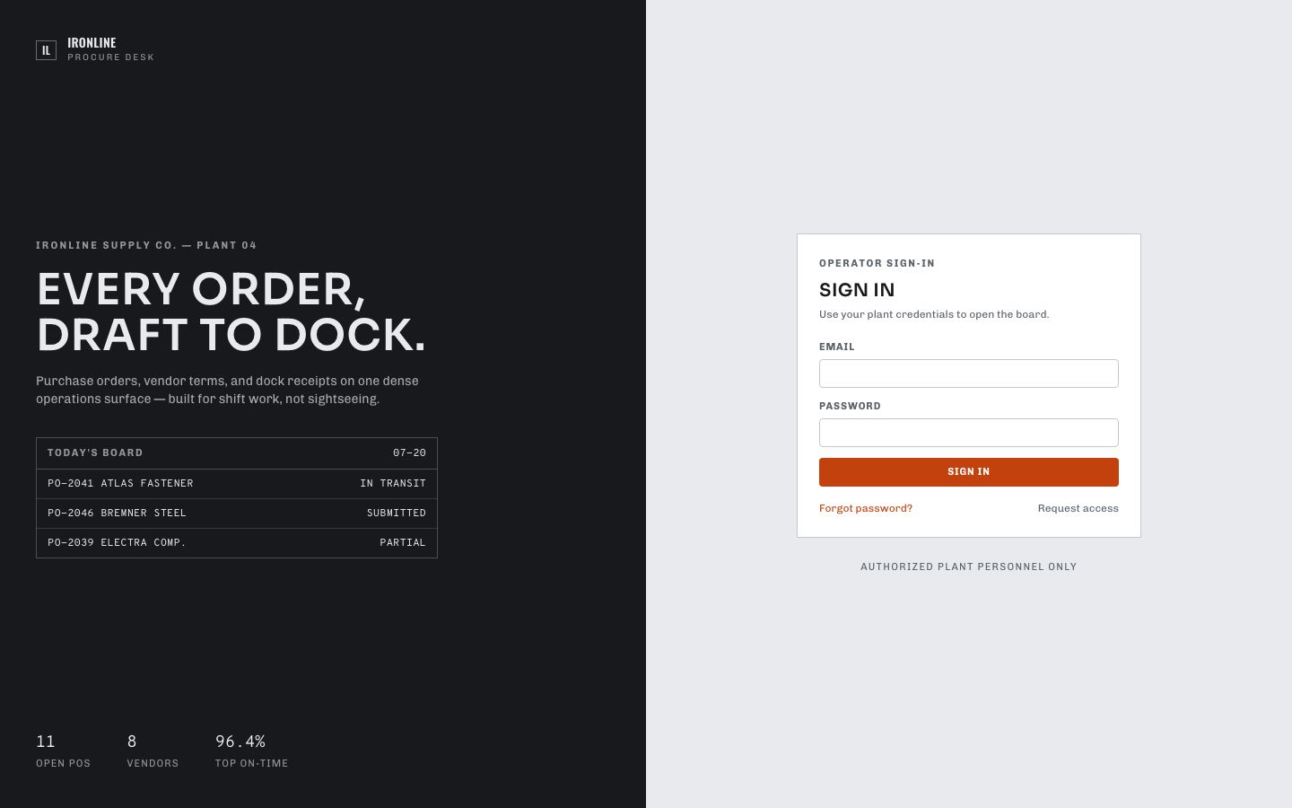 Purchase Order Management Template — login page screenshot