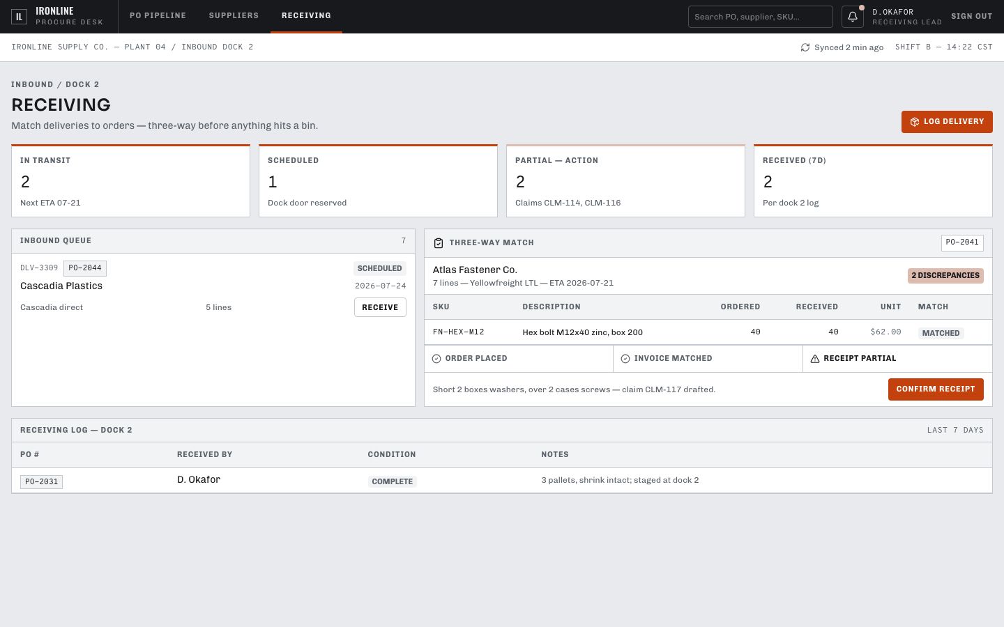 Purchase Order Management Template — receiving page screenshot
