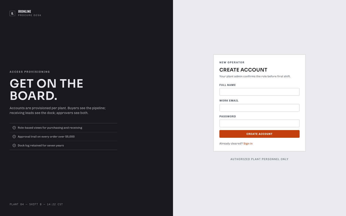 Purchase Order Management Template — signup page screenshot