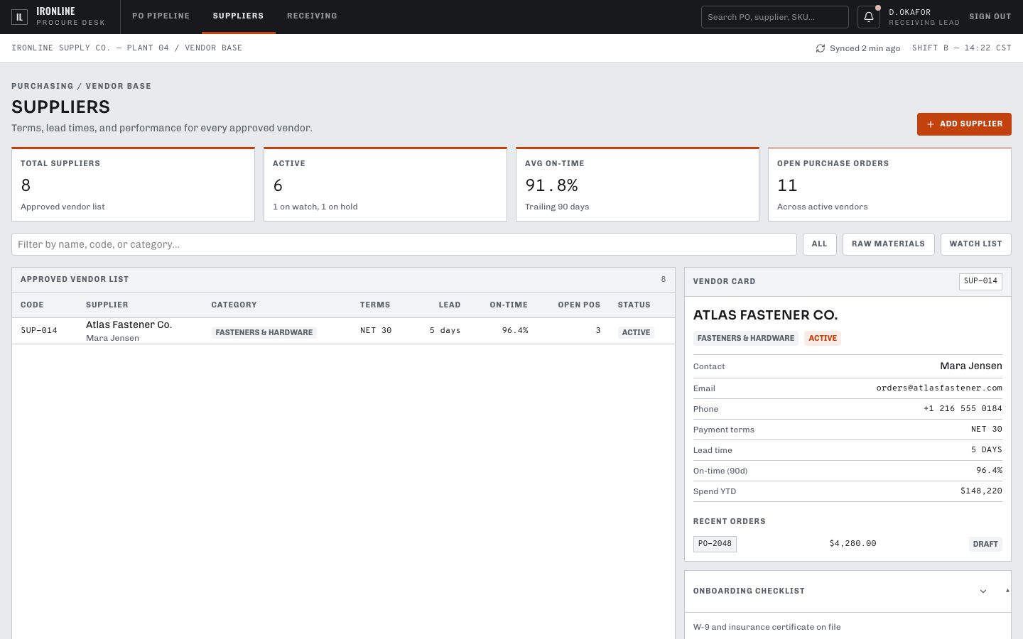 Purchase Order Management Template — suppliers page screenshot