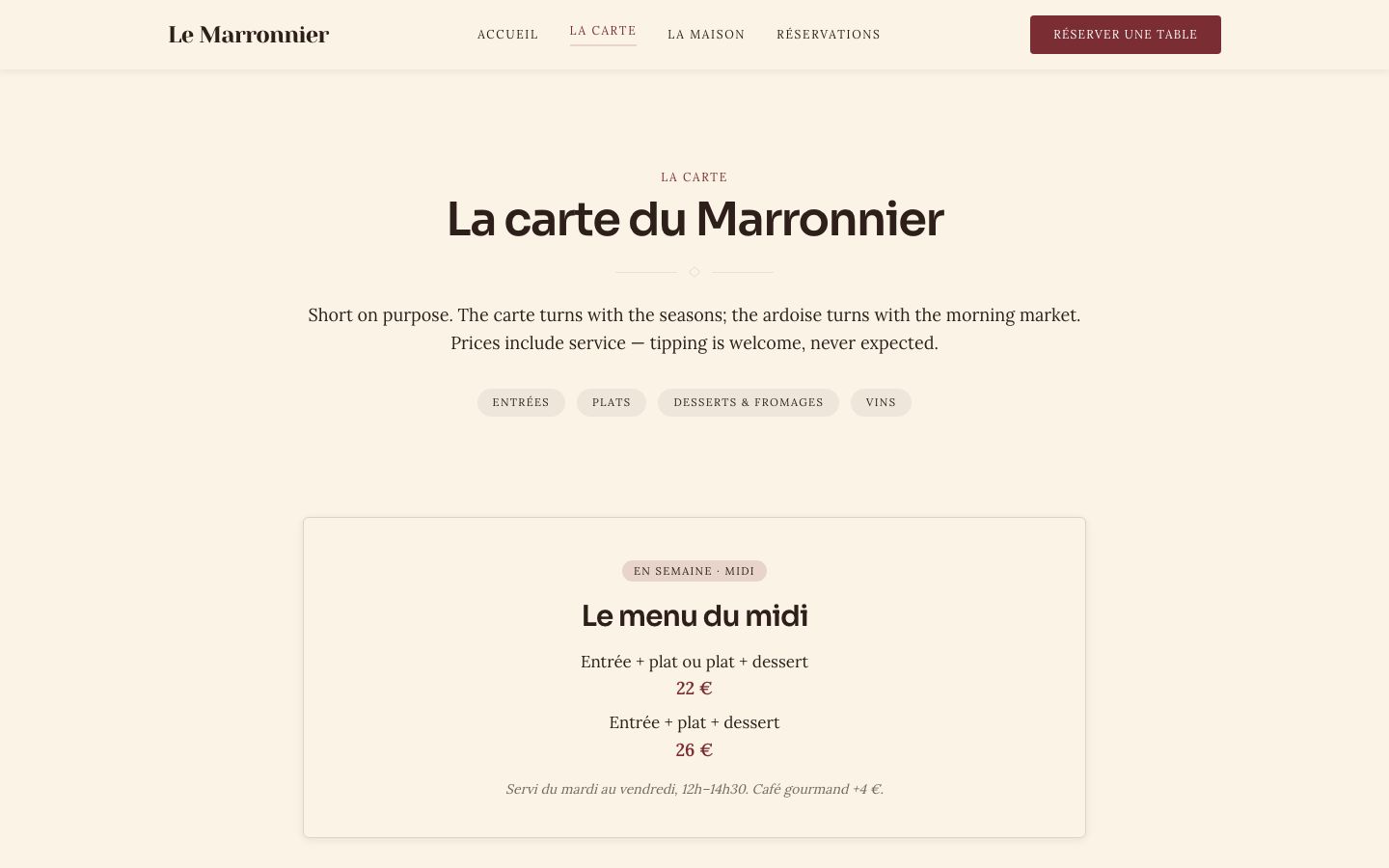 Restaurant Website Template — menu page screenshot