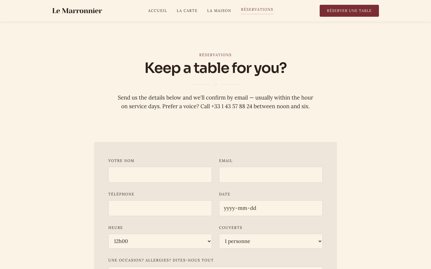 Restaurant Website Template — reservations page screenshot