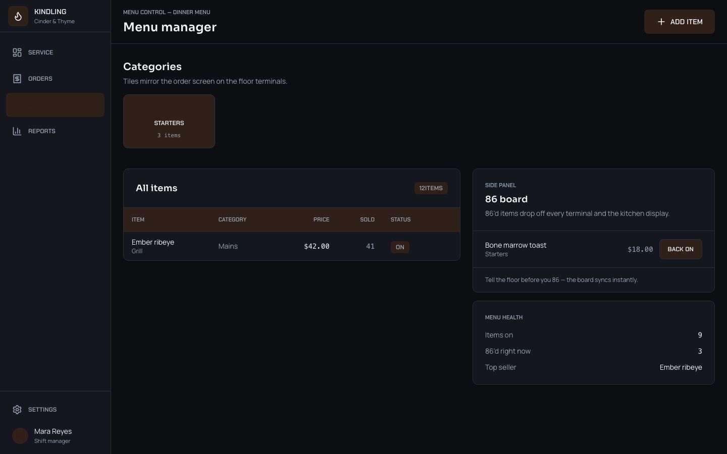 Restaurant POS Admin Template — menu page screenshot