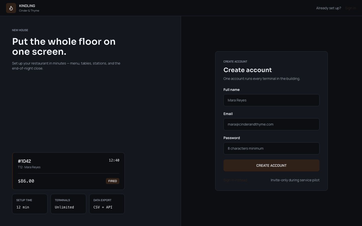 Restaurant POS Admin Template — signup page screenshot