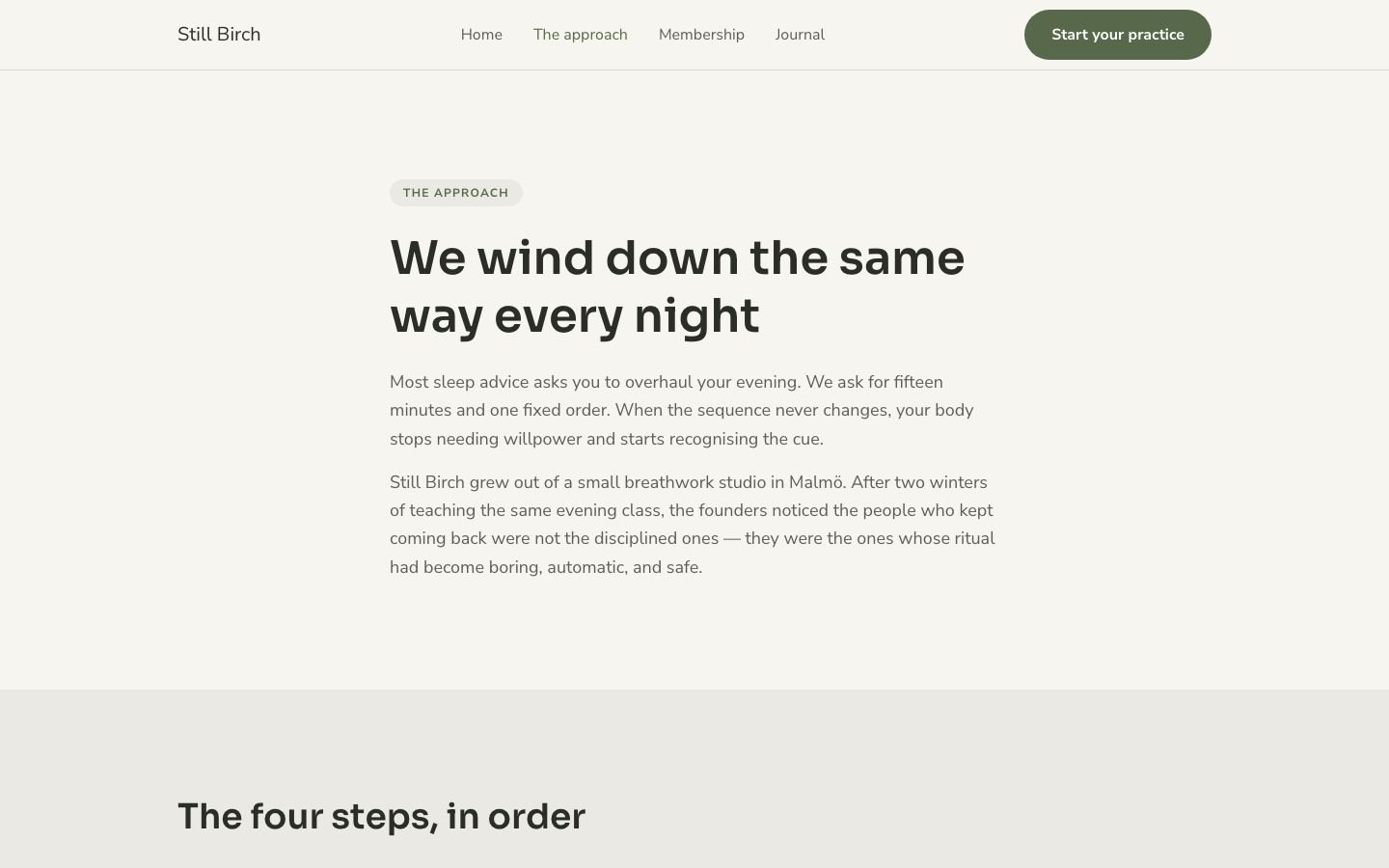 Still Birch — the approach page screenshot