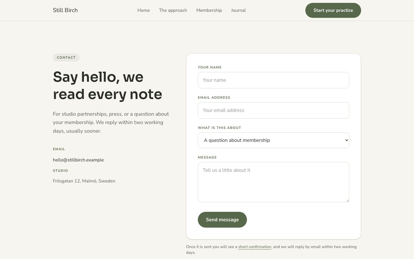 Still Birch — contact page screenshot
