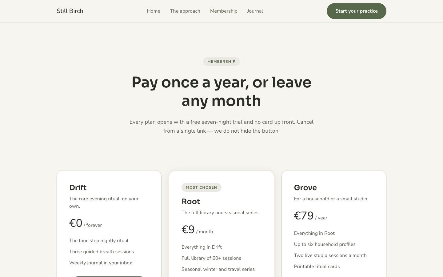 Still Birch — membership page screenshot