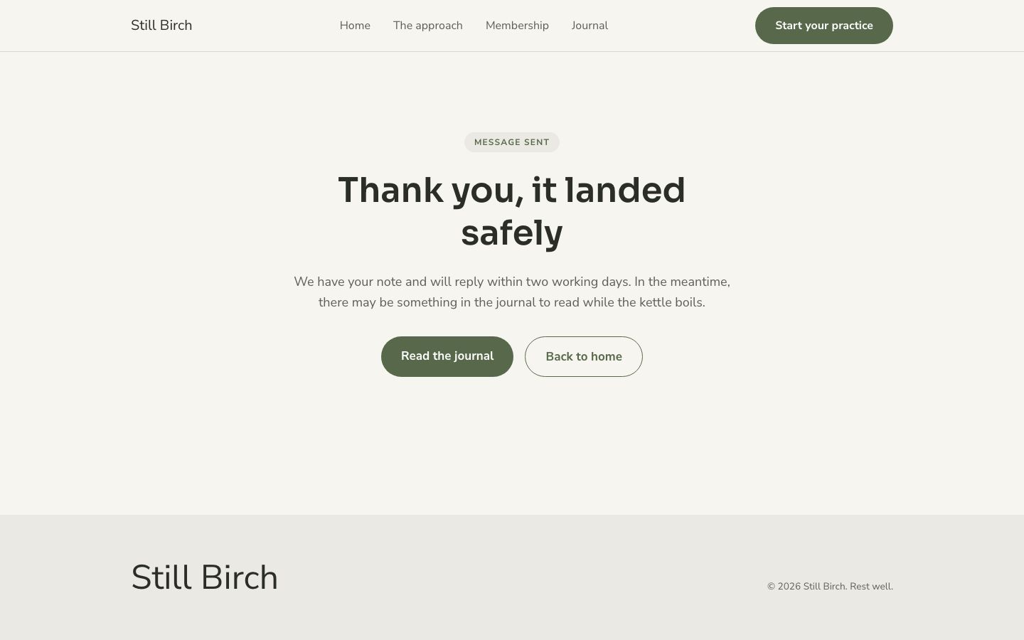 Still Birch — thank you page screenshot
