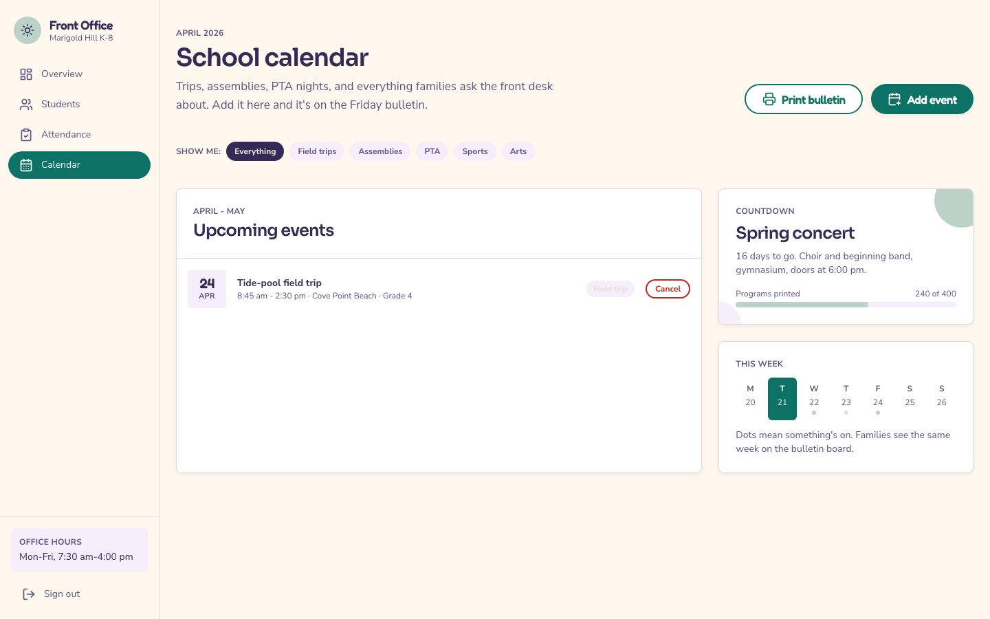 School Admin Dashboard Template — calendar page screenshot