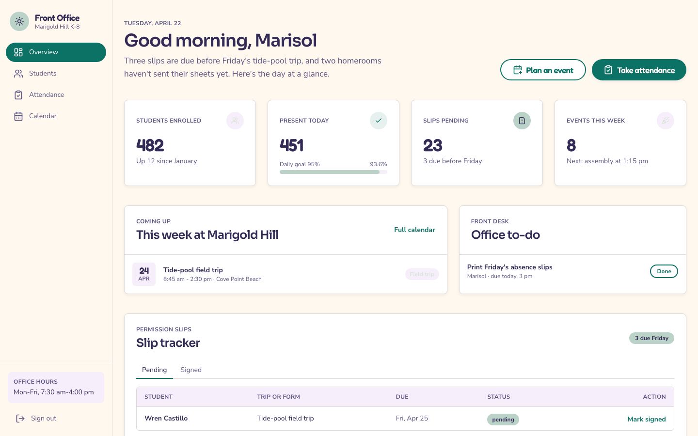 School Admin Dashboard Template — home page screenshot